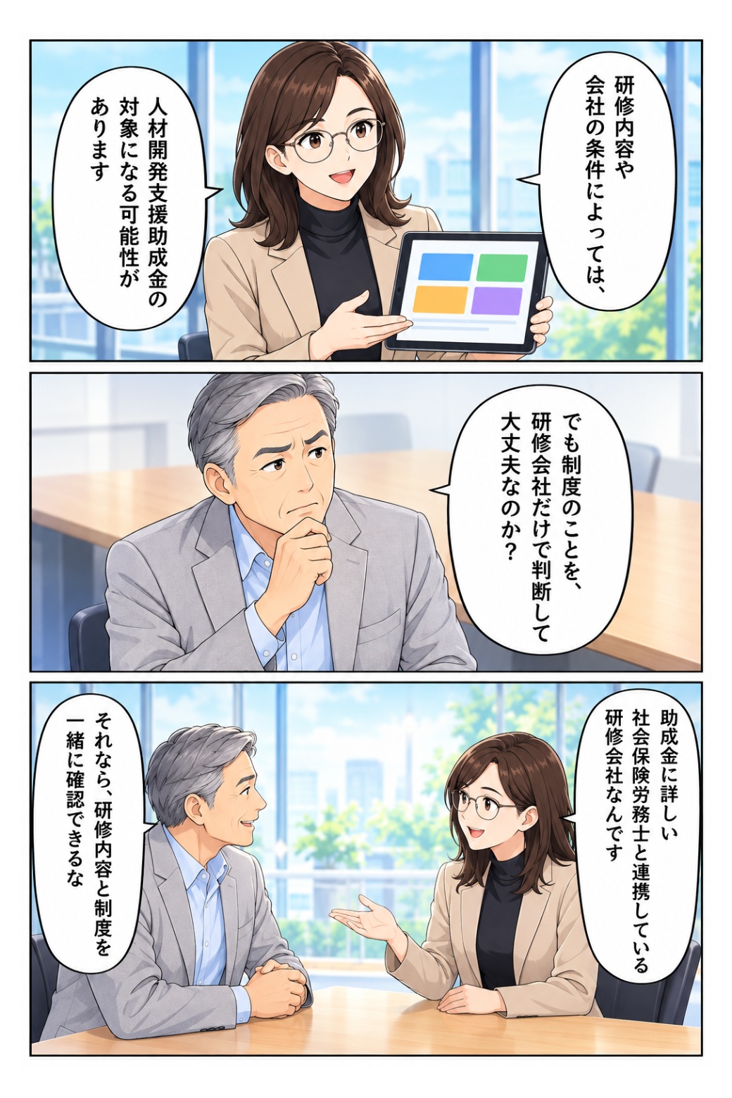 社労士と連携した助成制度確認を説明する担当者