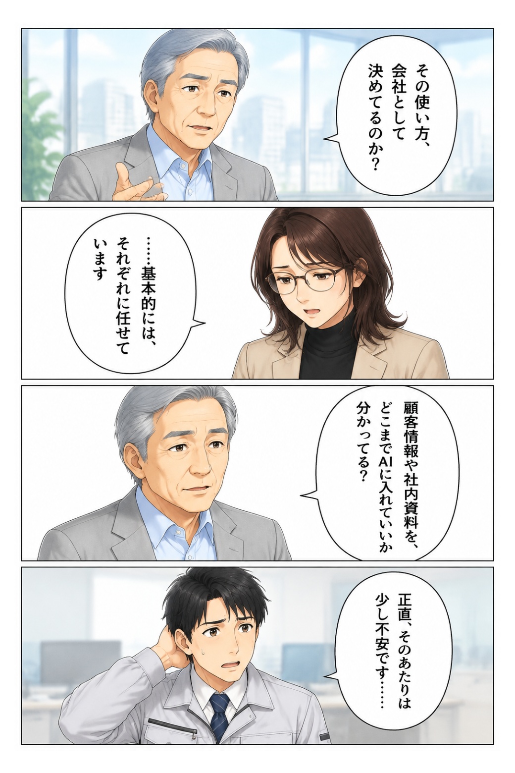 生成AI活用の判断基準について相談する社内メンバー