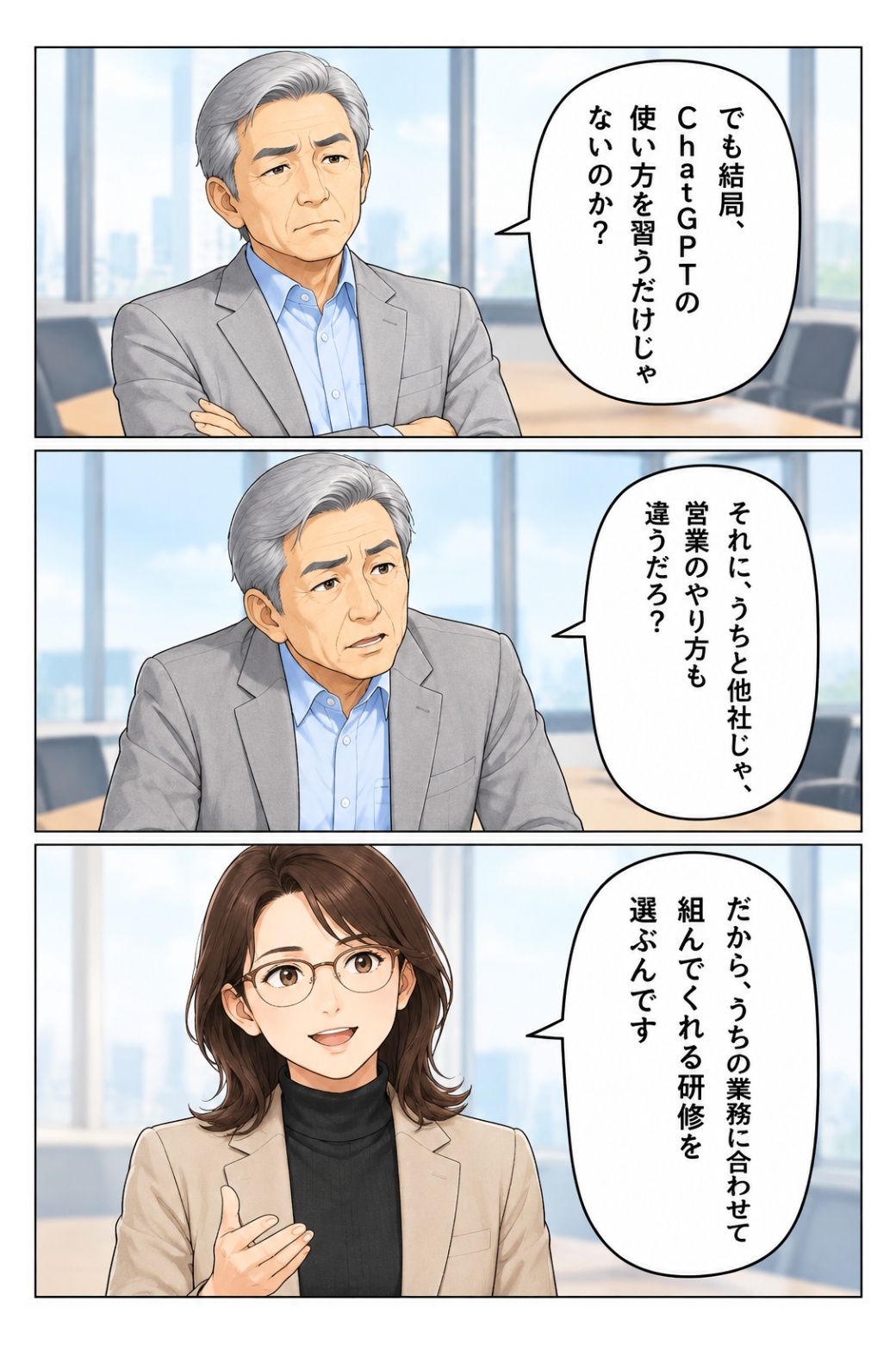 営業業務に合わせて研修内容を組み立てる説明